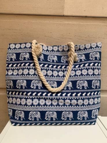 Natural cotton Tote Bags Blue White Elephant print 2 370x493